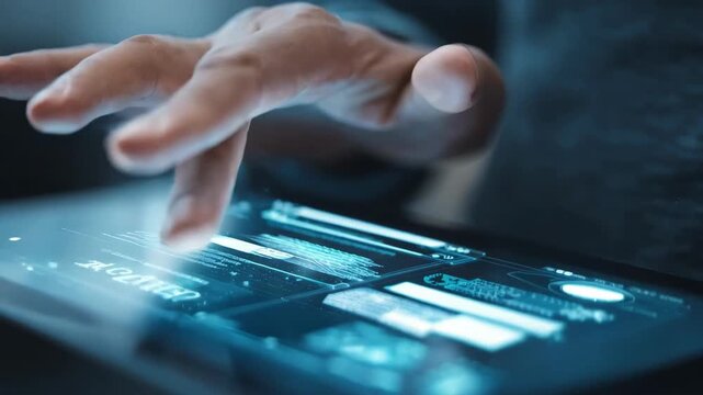 Medium shot of hands interacting with a digital tablet displaying blockchain grants interface highlighting transparent transaction verification in a secure ledger system.