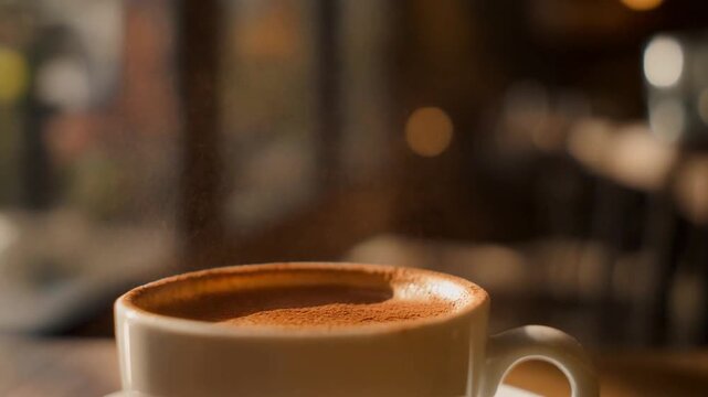 Cozy cafe atmosphere with warm sunlight and floating cocoa dust particles over a mocha coffee