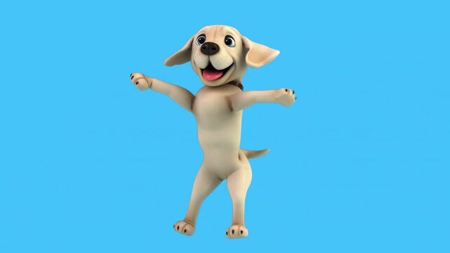 3D animated beige dog character dancing loop animation on a light blue background, playful pet, joyful animal, children's content, or happy dog