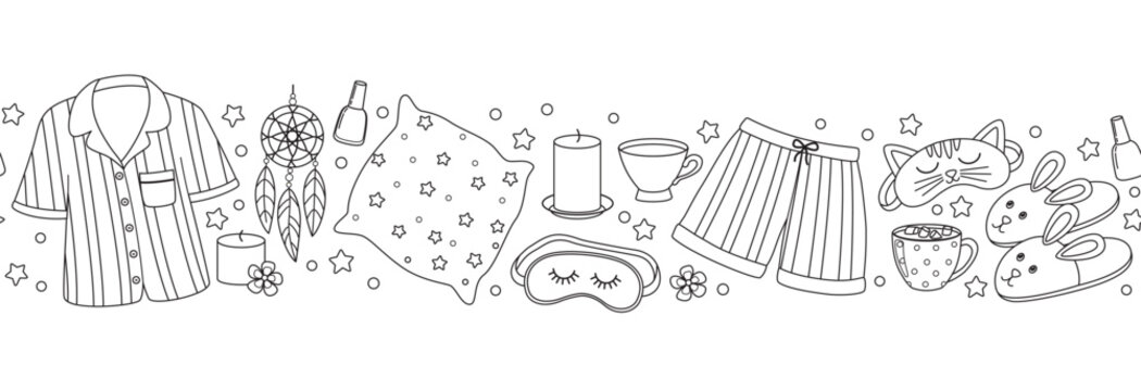 Seamless border with elements for pajama party in doodle style. Horizontal pattern with sleep masks, pajama, dream catcher, slippers, cups, candles, pillow