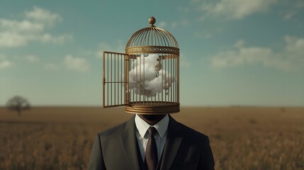 A surreal conceptual image of a man in a suit whose head is an open birdcage releasing a cloud, powerfully symbolizing mental freedom, creative liberation, and unleashed imagination