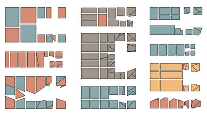 Geometric shapes arranged in a grid pattern showcasing various layouts and configurations in a visual representation