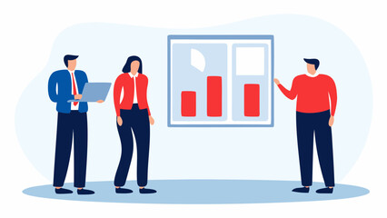 Business Presentation Illustration: Business professionals gather around a visual aid, engaged in a discussion of strategy.