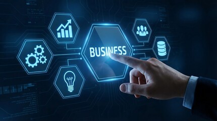 A businessman interacts with a futuristic business interface, representing innovation and growth in a modern digital world.