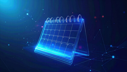 Digital calendar display showing months and days with blue light effects in a futuristic background setting
