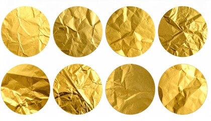 Golden, crumpled spheres on white. Abstract texture circles