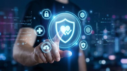 A person interacts with digital security icons, representing protection and safety in a futuristic interface.