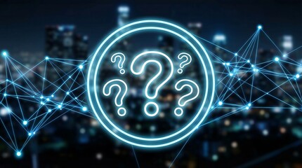 Glowing neon question marks hover over a modern cityscape at night, symbolizing uncertainty and inquiry in a futuristic urban environment.