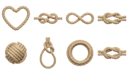 Natural hemp rope set including heart shape, infinity symbol, marine knots, and coil isolated. Decorative nautical and sailor element collection.