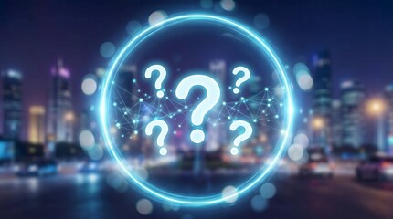Glowing question marks hover over a blurred cityscape at night, evoking a sense of curiosity and mystery in a futuristic urban setting.