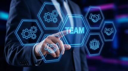 Businessman engaging with a futuristic digital interface for team collaboration, symbolizing modern business strategies and innovation.