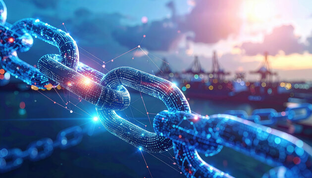 Digital blockchain network connecting global logistics and shipping industry at sunset