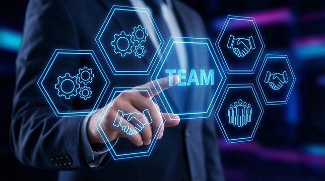 Businessman engaging with a futuristic digital interface for team collaboration, symbolizing modern business strategies and innovation. - Powered by Adobe