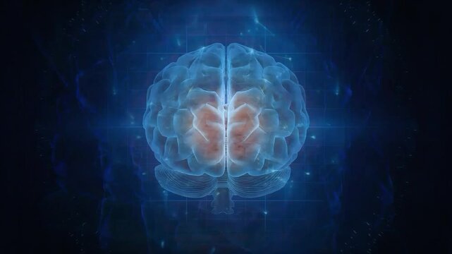 Glowing abstract human brain animation with highlighted active area on a dark blue futuristic background, neuroscience, intelligence, mental health, or artificial intelligence