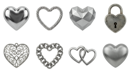 Silver heart set including metallic, faceted, filigree, interlocking, and padlock styles isolated. Decorative metal chrome and steel elements for love and romance.