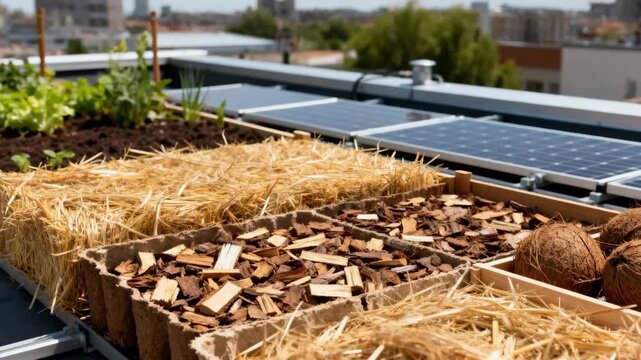 Medium shot showcasing the assembly of natural biodegradable materials for an energyefficient rooftop garden.