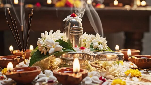 Shivling Puja with Diya Oil Lamps Incense Smoke Mahashivratri Festival
