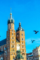 Obraz premium St. Mary Basilica in Krakow Poland Architecture in city center Square. Birds fly in blue sky