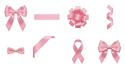 Pink satin ribbon and bow set including classic bows, gift rosette, curled spiral, awareness loop, and corner strip isolated. Decorative elements for celebration, gifts, and breast cancer awareness.