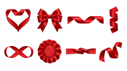 Red satin ribbon set including heart, bow, spiral, wave, infinity loop, rosette, knot, and swirl isolated. Decorative elements for holidays, gifts, and awards.