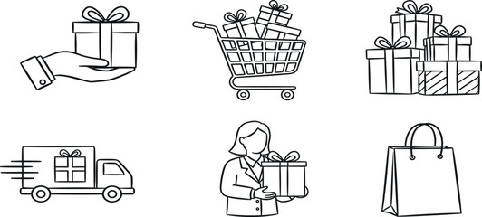 Illustrations of gift giving scenes with shopping cart and delivery van from various viewpoints
