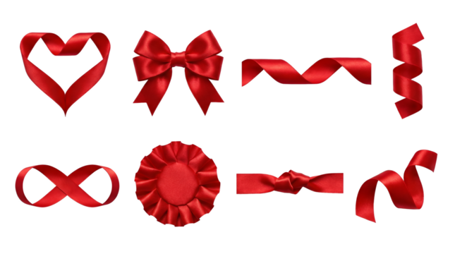 Red satin ribbon set including heart, bow, spiral, wave, infinity loop, rosette, knot, and swirl isolated. Decorative elements for holidays, gifts, and awards. - Powered by Adobe