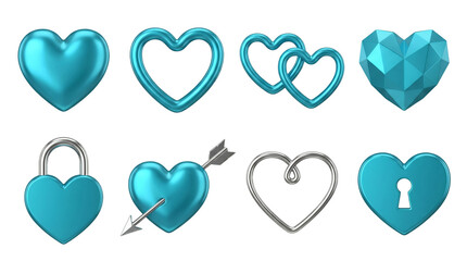 Teal heart set including solid, faceted, interlocking, padlock, arrow, and outline variants isolated. Romantic jewelry and love symbols collection.