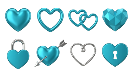 Teal heart set including solid, faceted, interlocking, padlock, arrow, and outline variants isolated. Romantic jewelry and love symbols collection.