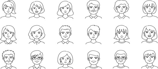 Collection of diverse line-drawn portraits showcasing various facial expressions and hairstyles from different viewpoints