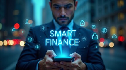 A focused Middle-Eastern man in a suit interacts with a smartphone, surrounded by financial technology icons in a cityscape.