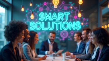 A diverse group of professionals engaged in a meeting, brainstorming smart solutions with a vibrant neon sign in the background.