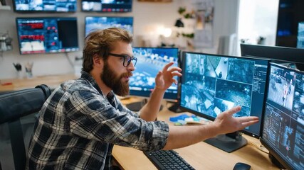 IT specialist explaining cybersecurity measures to remote workers emphasizing security protocols and safe data practices in a home office setting.