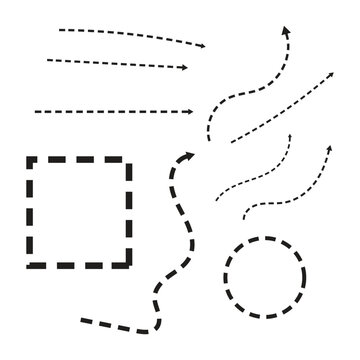 This image displays a collection of black dashed line vector elements set against a white background. The elements include various line types: straight horizontal lines with arrows on the left