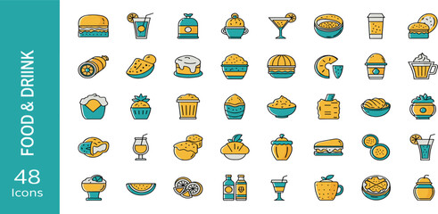 Collection of Food and Drink Icons in Yellow and Blue on White Background