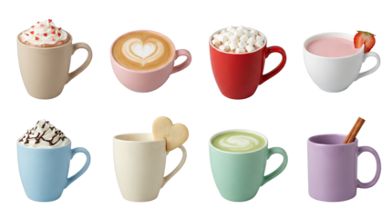Hot beverage mug set including coffee latte art, hot chocolate with marshmallows, matcha tea, and strawberry milk isolated. Cozy drink assortment for cafe and restaurant menu design.