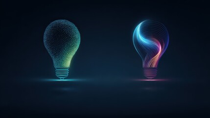 Two abstract glowing light bulbs made of dots and neon lines representing innovation and creative thinking on a dark background