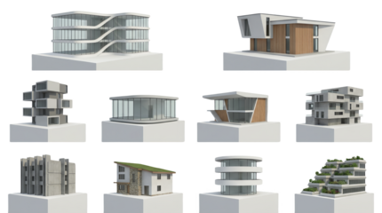 Modern architectural building models set including residential houses, office towers, and sustainable designs isolated. miniature construction and real estate collection.
