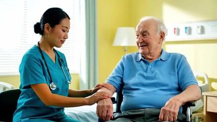 Healthcare professional providing compassionate care to elderly patient in medical setting