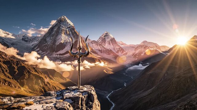Trishul of Lord Shiva on Himalayan Peak at Sunrise Mahashivratri
