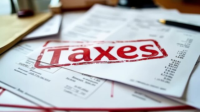Stacked tax documents with bold 'Taxes' stamp highlighting financial paperwork details