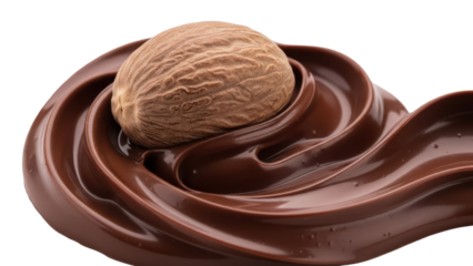 Nutmeg whole nut on dark chocolate swirl isolated transparent background spice origin