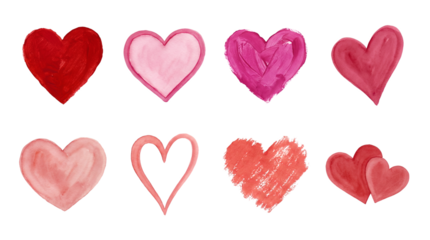 Watercolor and painted heart set including red, pink, outlined, scribbled, and double styles isolated. Romantic holiday design elements and Valentine's Day collection.