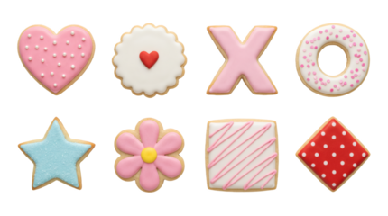 Decorated sugar cookie set including heart, flower, star, and geometric shapes with pink, white, red, and blue icing isolated. Valentine's day dessert and holiday baking collection.