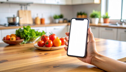 Hand holding a smartphone with a blank screen in a modern kitchen with fresh vegetables on the counter