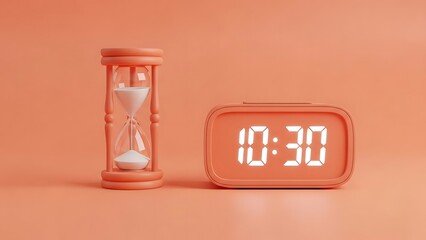 Hourglass and Digital Alarm Clock Showing 10:30 on Peach Background sand timer digital clock