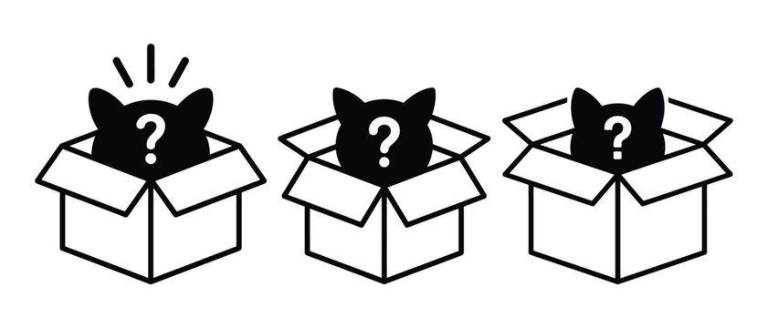Cats peeking out of cardboard boxes with question marks, vector illustration