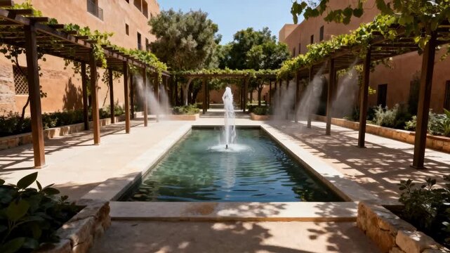Medium shot of urban courtyard with water features and shaded walkways highlighting combined passive cooling methods using air flow and shade.