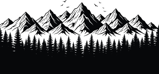 Dramatic alpine mountain range rising above dense pine forest with flying birds, bold black and white silhouette vector illustration for nature and wilderness themes © Ideasy Mind