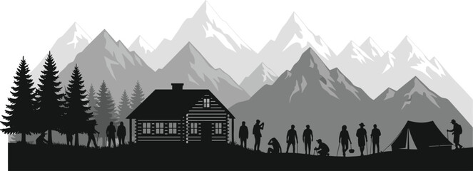 Mountain camping adventure with hikers, log cabin and tent beneath alpine peaks and pine forest, scenic black and white silhouette vector illustration for outdoor travel themes © Ideasy Mind