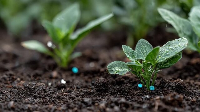 Medium shot of smart sensors embedded in garden soil monitoring plant moisture levels for AIdriven watering alerts